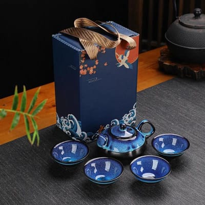 Ensemble de théière et de tasses en céramique, service à thé Kung Fu, changement de four Jun, théière et tasse à thé, service à thé chinois en or alluviale brown