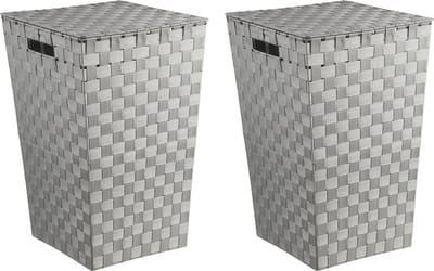 5Five Wasmanden gevlochten Rotan - 2x - grijs - 57 liter - 33 x 33 x 53 cm - met deksel