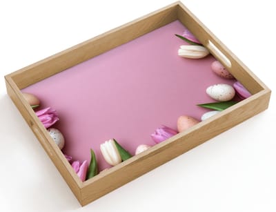 Dienblad hout 40x30 cm - Schootdienblad - Tulpen - Eieren - Roze - Borrelplank rechthoek - Plateau dienbladen
