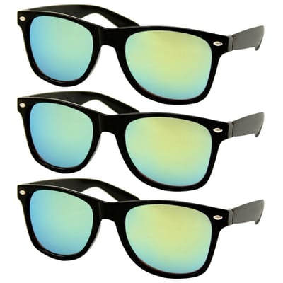 Fako Fashion - 3x Zonnebril Zwart - Heren Zonnebril - Dames Zonnebril - Classic - UV400 - Zwart - Groen/Gele Spiegelglazen - 3 Stuks