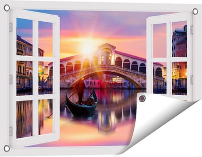 Gards Tuinposter Doorkijk Gondel bij de Rialtobrug in Venetië, Italië - 60x40 cm - Tuindoek - Tuindecoratie - Wanddecoratie buiten - Tuinschilderij