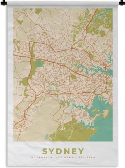 Wandkleed - Wanddoek - Sydney - Kaart - Vintage - Plattegrond - Stadskaart - 120x180 cm - Wandtapijt