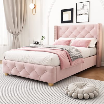 Gestoffeerd eenpersoonsbed met knopen en nieten - Voor tiener- en logeerkamer 90x200 cm - Roze fluweel - Knopstiksels en nietenversiering - Stevige houten poten - Inclusief houten lattenbodem
