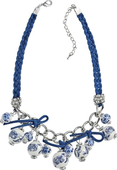 Behave® Dames Ketting - Delftsblauwe Ketting Met Gevlochten Suede Koord - 43 cm (+4,5 cm verlengketting) - Nikkelvrij