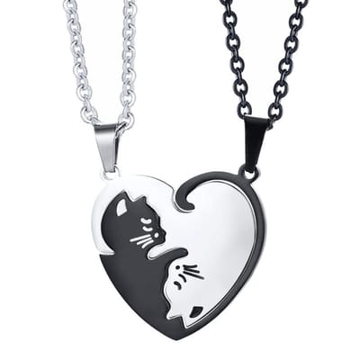Fako Bijoux® - Vriendschapsketting - BFF Ketting - RVS - Poesjes Hart - Zilver/Zwart