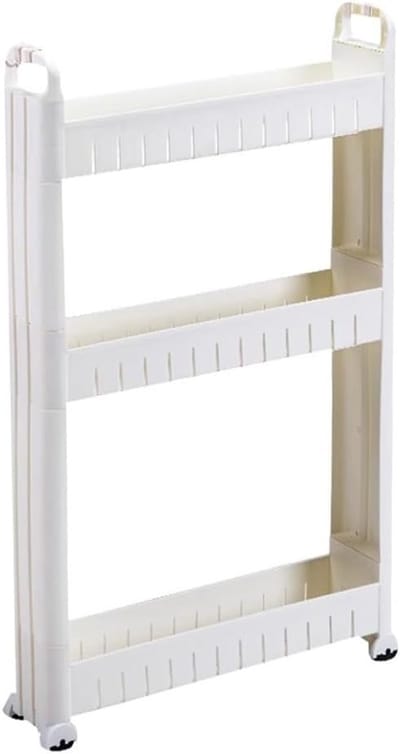 SnelShoppen - Storage Trolley 3-Tier, 10cm Smalle Mobiele Opbergtrolley, Witte Plastic Keuken Organizer, Rolwagen voor Badkamer, Wasruimte en Nauwe Ru