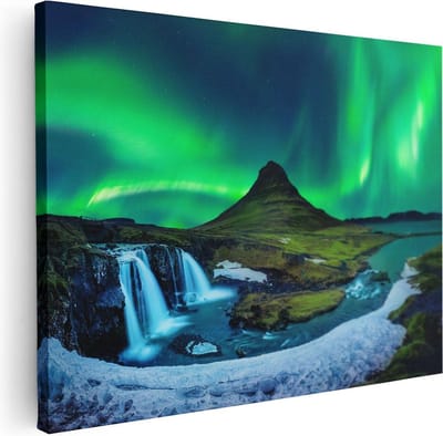 Artaza Canvas Schilderij Waterval - 40x30 cm - Klein - Wanddecoratie IJsland - Muurdecoratie Noorderlicht - Kamer Accessoires Bergen