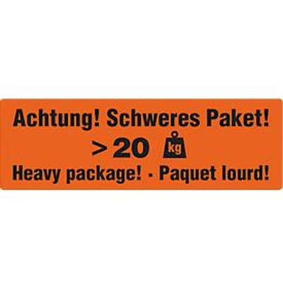 Waarschuwingsetiketten "Attentie! Zwaar pakket >20 KG", 3 talen, 148 x 48 mm, geperforeerd, zelfklevend papier, fluorescerend rood met zwarte opdruk, 1 rol met 500 stuks