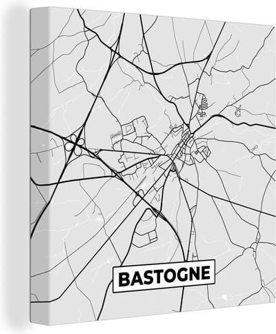 Canvas Schilderij Zwart Wit – België – Plattegrond – Stadskaart – Kaart – Bastogne - 20x20 cm - Wanddecoratie