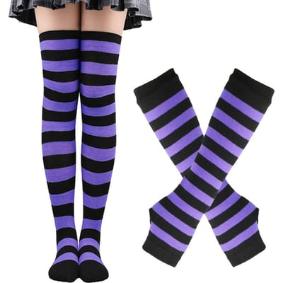 1 Set Dames Meisjes Over de Knie Lange Gestreepte Dijhoge Katoenen Sokken Armwarmers Handschoenen Zoet Schattig Grote Maat Overknee Sokken One Size purple
