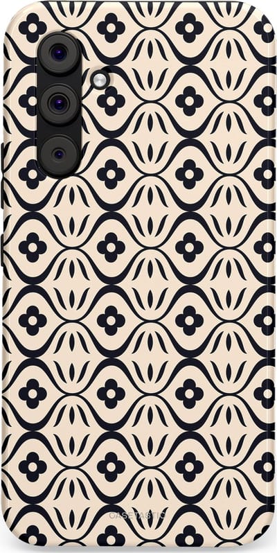 Casetastic hoesje geschikt voor Samsung Galaxy A54 (2023) 5G - Dubbellaagse bescherming - Retro crème-zwarte bloemenprint - Fashion Case - Crème Grijs Donkergrijs