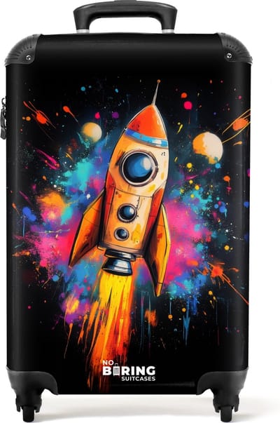 NoBoringSuitcases.com® - Kinderkoffer jongen - Kindertrolley jongens - Raket in de ruimte met graffiti - Handbagage koffer lichtgewicht - Reiskoffer trolley kinderen - Rolkoffer met wieltjes - Past binnen 55x40x20 en 55x35x25