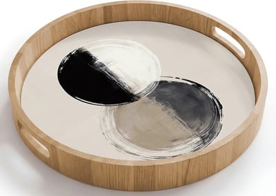 Dienblad rond 40x40 cm - Schootdienblad hout - Cirkels - Strepen - Minimalistisch - Zwart - Borrelplank rechthoek - Plateau houten dienbladen