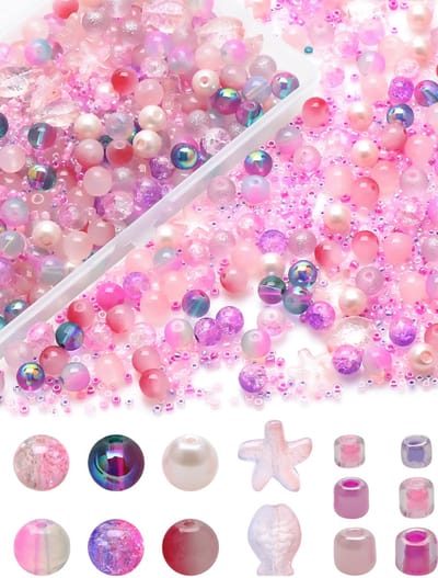 Glazen kralen voor het maken van armbanden, kleurrijke kristallen kralen voor het maken van sieraden, set, afstandhouder, 8 mm, verschillende kralen, oceaan, zeesterkralen en rocailles(roze)