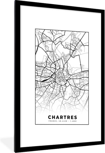Fotolijst incl. Poster Zwart Wit- Frankrijk – Kaart – Plattegrond – Stadskaart - Chartres - Zwart wit - 60x90 cm - Posterlijst