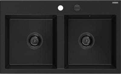 Mexen Hektor granieten spoelbak met 2 compartimenten 800 x 480 , zwart, zwarte sifon - 6521802000-77-B