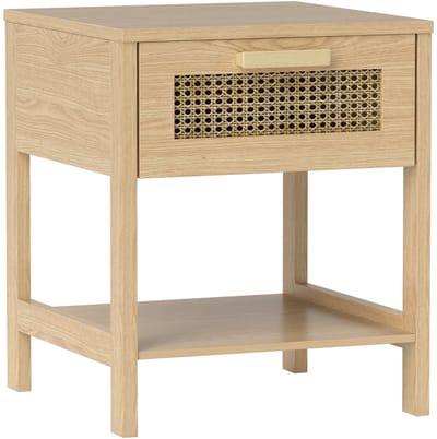 Merax Nachtkastje Rattan – Hout – Met Lade en Open Opbergvak – Boho Nachttafel – 40x40x48,4 cm – Licht Hout
