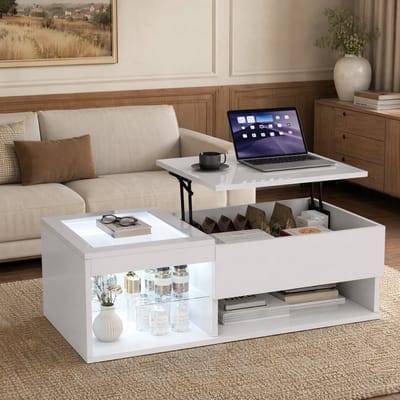 Witte salontafel 100cm met lift-top, RGB LED, glasblad en opbergruimte