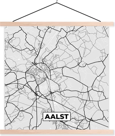 Posterhanger incl. Poster 40x40 cm - Schoolplaat - Zwart Wit – België – Plattegrond – Stadskaart – Kaart – Aalst - Textielposter - Blanke latten - Stadskaart