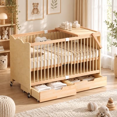 Babybedje - Babybed - Multifunctioneel babybedje - Draagbaar - 4 Hoogtestanden - Met lades - Met Uitvalbeveiliging - Wielen met Blokkade - Met opbergplank/aankleedtafel - 70x140x94 cm - Massief Grenenhout - Natuurlijke houttint