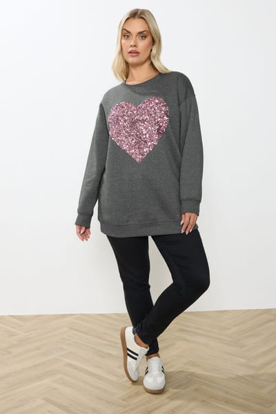 Yours Grijs Sweatshirt Met Hart En Pailletten Size 48