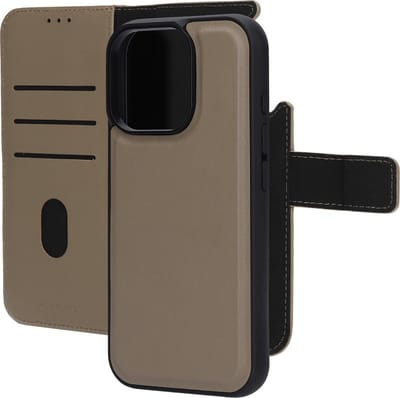 Mobiparts hoesje geschikt voor Apple iPhone 16 Pro - Wallet 2-in-1 Boekhoesje - MagSafe - Echt Leder - Uitneembare Case - Sterke Magneet Sluiting - Contactloos betalen - Beige