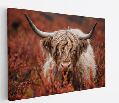 Saammp Canvas Schilderij - Schotse Hooglander Koeien in de sneeuw - Landschap - Dieren - Natuur - 60x40 - Foto op canvas - Wanddecoratie - muurdecoratie Woonkamer - Slaapkamer decoratie - Canvas Print