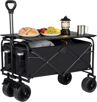 Stervia Bolderkar Met Tafel - Opvouwbaar - 150 Liter - Dikke Wielen - Strand/Picknicken/Wandelen/Kamperen - Zwart - 82.5 x 30 x 50 cm