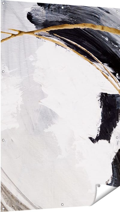 Gards Tuinposter Abstracte Kunst - Wit met Zwart en Goud - 100x150 cm - Tuindoek - Tuindecoratie - Wanddecoratie buiten - Tuinschilderij