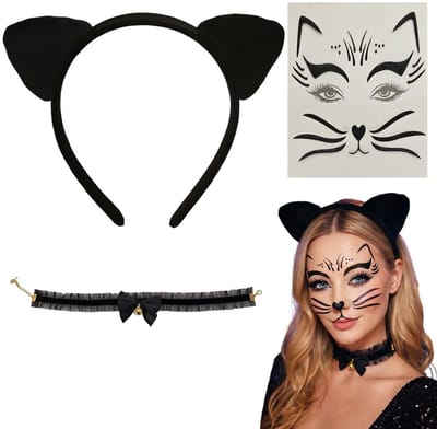 Dailygoods- Kattenkostuum Luipaardpatroon - Hoofdband met Kattenoren - Halsketting met Belletjes - Gezichtstattoo - Fluweelachtige Aanraking - Verstelbaar en Comfortabel - Carnavalskostuum