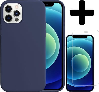 Hoesje - Met Screenprotector - Geschikt voor Apple iPhone 12 Pro - Sterk & Shockproof - Telefoon Hoes - Back Cover - Siliconen Case - Telefoonhoes - Donkerblauw
