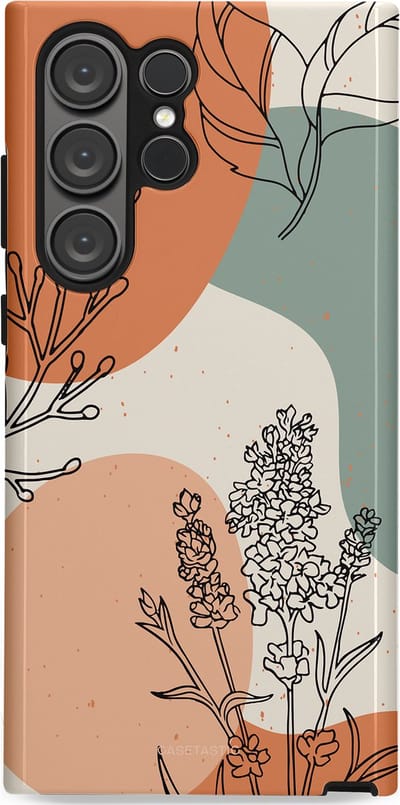Casetastic hoesje geschikt voor Samsung Galaxy S23 Ultra - Dubbellaagse bescherming - Lijnenspel Natuur - Fashion Case - Zand Saliegroen Terracotta