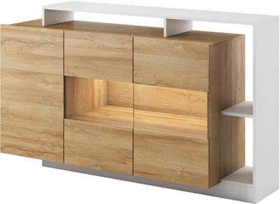 Vente-unique Buffetkast met 3 deuren en 3 nissen - Met ledverlichting - Natuurlijk en wit - IDESIA