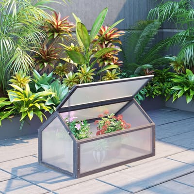 MEUNIQ mini kweekkas 90 x 52 x 49,5 cm met houten frame en transparante kunststof platen, verstelbare afdekking tot 80°, voor tuin, terras of balkon, grijs