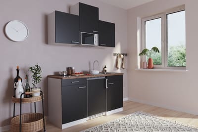 Goedkope keuken 150  cm - complete kleine keuken met apparatuur Luis - Wit/Zwart - keramische kookplaat  - koelkast        - magnetron - mini keuken - compacte keuken - keukenblok met apparatuur