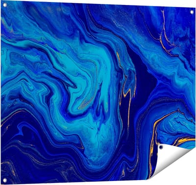 Gards Tuinposter Abstracte Kunst - Blauw met Gouden Verf - 100x80 cm - Tuindoek - Tuindecoratie - Wanddecoratie buiten - Tuinschilderij