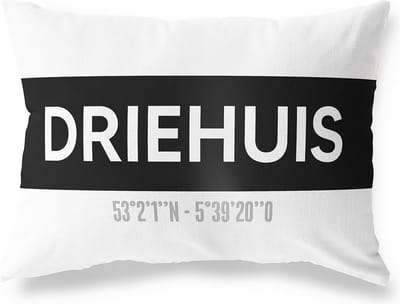 Tuinkussen DRIEHUIS - NOORD-HOLLAND met coördinaten - Buitenkussen - Bootkussen - Weerbestendig - Jouw Plaats - Studio216 - Modern - Zwart-Wit - 50x30cm
