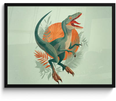 Poster in lijst - Fotolijst 80x60 cm - Posters - Dino - Bladeren - Grafisch - Groen - Posterlijst zwart - Decoratie - Wanddecoratie woonkamer - Muurdecoratie slaapkamer