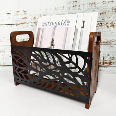 Multifunctionele kranten- en tijdschriftenhouder van hout met handvat voor kantoor en thuis, 33 x 24 x 13 cm, zwart, opbergmand voor tijdschriften en kranten
