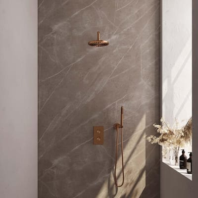 Brauer Copper Carving Thermostatische Regendoucheset Inbouw - Hoofddouche 20 cm - Gebogen Wandarm - 3 Weg - Handdouche Staaf - Doucheslang - Wandaansluitbocht