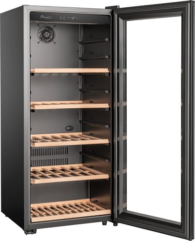 La Réserve RWC1102FN1 - Wijnkoelkast 102 Flessen – Vrijstaand – 1 Zone – Stil 38 dB – LED Display – Houten Leggers – Zwarte Glazen Deur