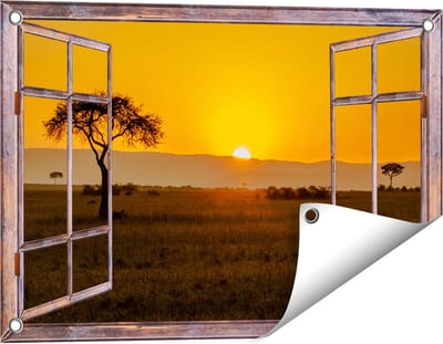 Gards Tuinposter Doorkijk Zonsopgang in de Savanne met een Boom - 60x40 cm - Tuindoek - Tuindecoratie - Wanddecoratie buiten - Tuinschilderij
