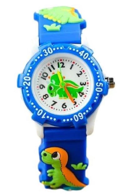 Dinosaurus horloge - 3D - kinderen - donkerblauw/groen- analoog - 28 mm - I-deLuxe verpakking