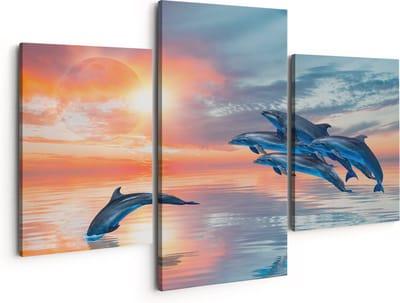 Artaza Canvas Schilderij Drieluik Groep Dolfijnen Springen uit het Water - 150x120 - Groot - Foto Op Canvas - Canvas Print
