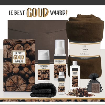 Geschenkset "Je bent goud waard!" - 7 Producten - 1400 Gram - Triomf Cosmetica | Cadeau Man Luxe Cadeaubox voor hem Cadeaupakket Fleece deken Bedankt Cadeau Kerst Verjaardag Vaderdag Vrijwilliger Vriend Collega Vader Trainer Kerstpakket Bruin