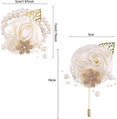 Polsbloem en Corsage Set - Bruiloft Accessoires - Feestelijke Gelegenheid - Verstelbare Band en Clips - 10 x 6 cm