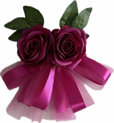autodeco.nl LINA FUCHSIA Handvatten Decoratie 4 stuks - Trouwauto Versiering - Fuchsia Rozen met Linten en Tule - Bloemen voor op de Handvatten - Versiering Handvat Auto - Autoversiering voor Volgauto's