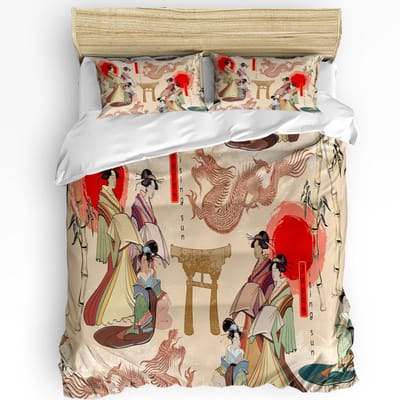 Japanse Geisha Karper Esdoornblad 3-delig Beddengoed Set Voor Slaapkamer Tweepersoonsbed Thuis Textiel Dekbedovertrek Dekbedovertrek Kussensloop AU Double(180x210cm)