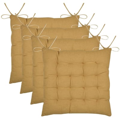 Stof Textile stoelkussen Coline - 4x - okergeel - 38 x 38 x 4 cm - touwtjes sluiting - zitkussens - binnen/buiten