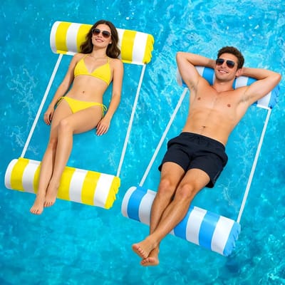 2 Stuks 4-in-1 Opblaasbare Hangmat voor Volwassenen, Multifunctioneel Strandmatras voor Zwembad en Strand (Blauw en Geel)